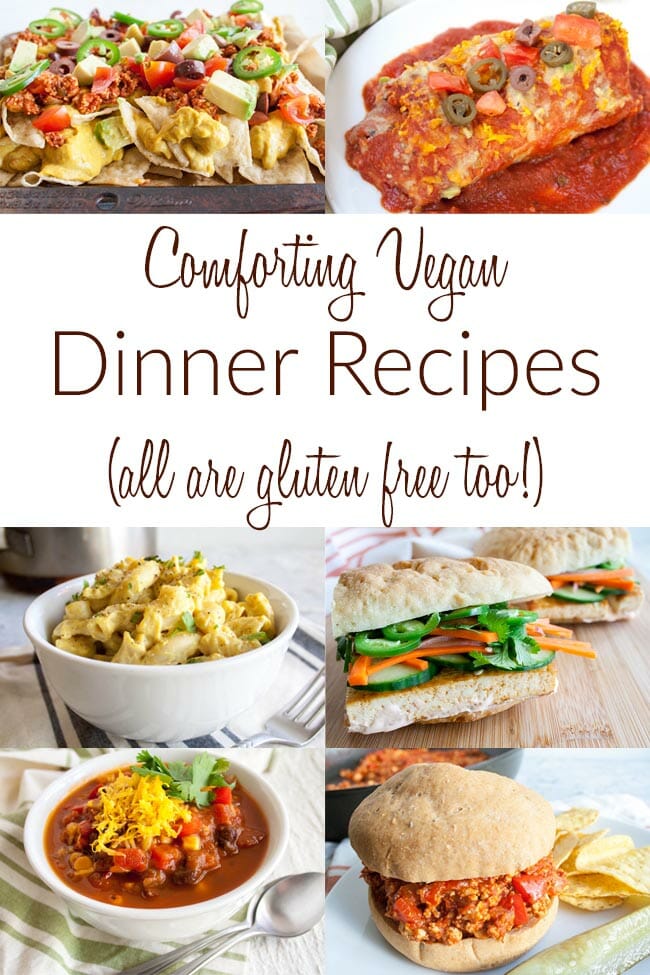 Comforting Vegan Dinner Recipes collage photo with text.