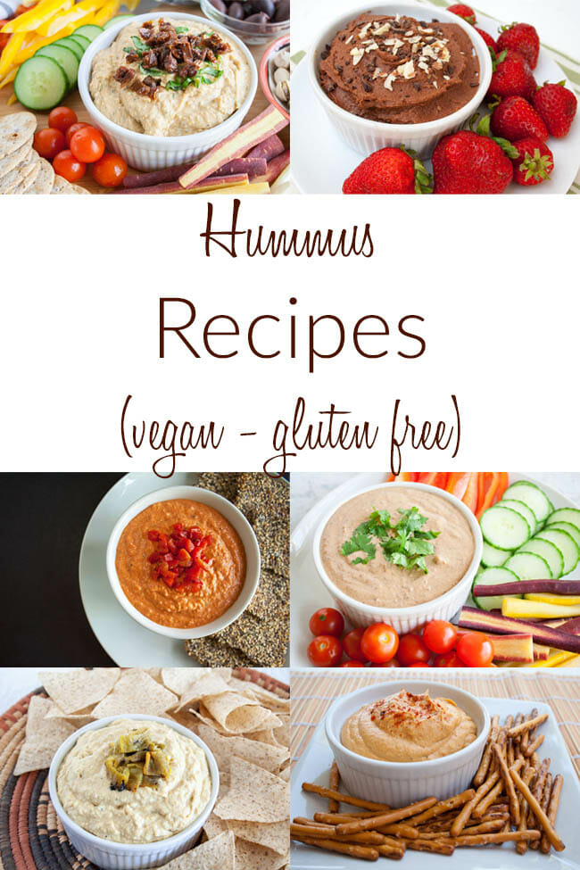 "Hummus Recipes" written with photos of 6 different hummus recipes.