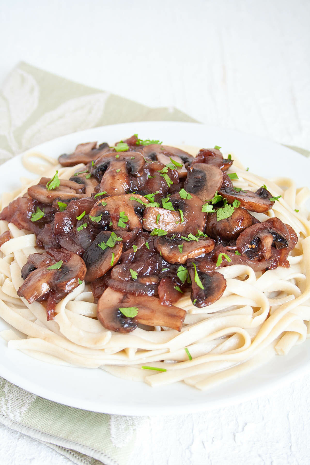 Caramelized Onion and Mushroom Pasta close up.