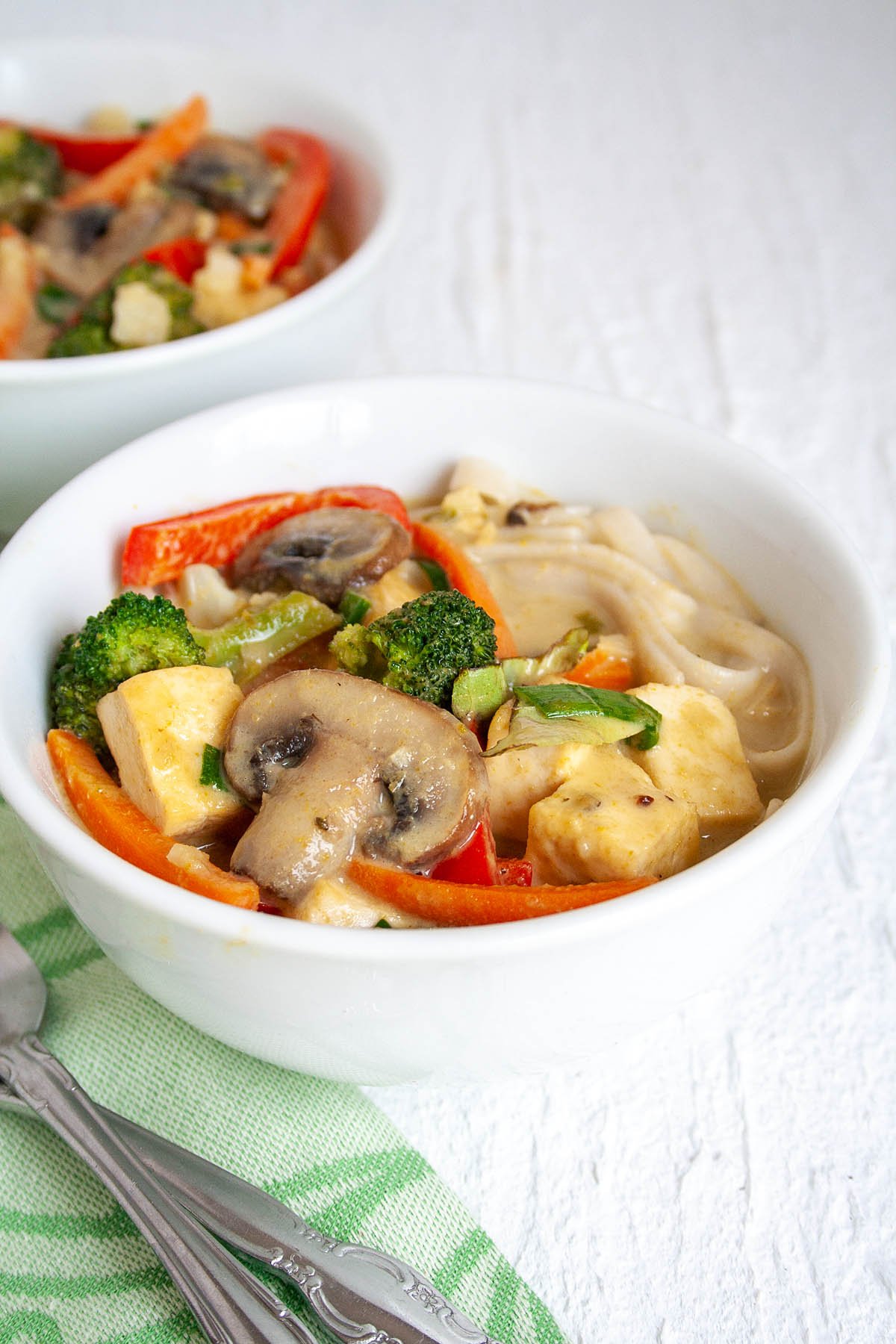 Green Curry with Tofu and Vegetables in two bowls close up.