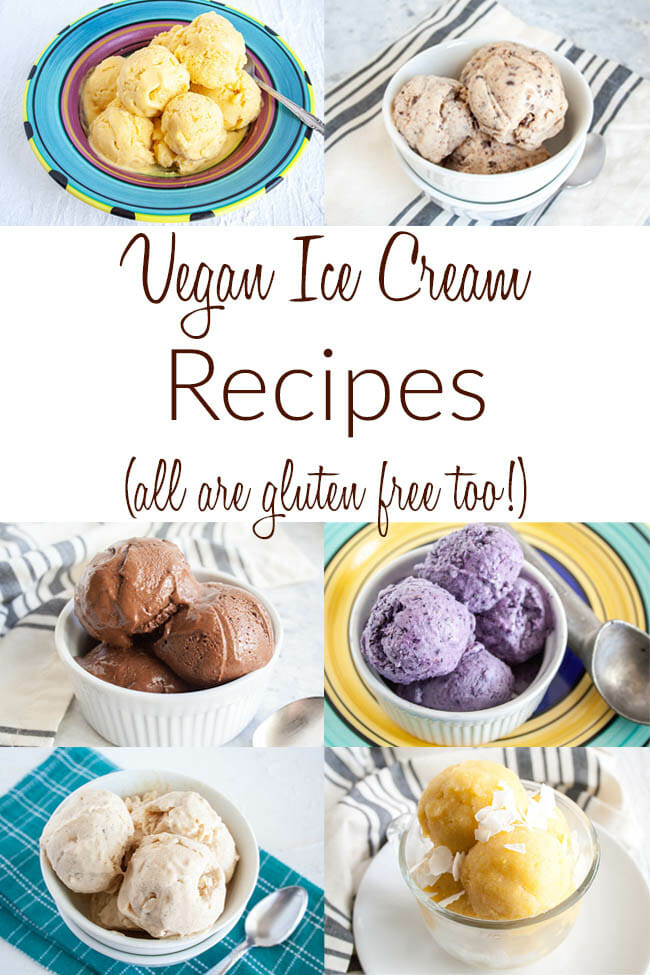 Text that says, "Vegan Ice Cream Recipes" on photo with mango, chocolate chip, chocolate, blueberry, and vanilla ice cream and tropical sorbet.