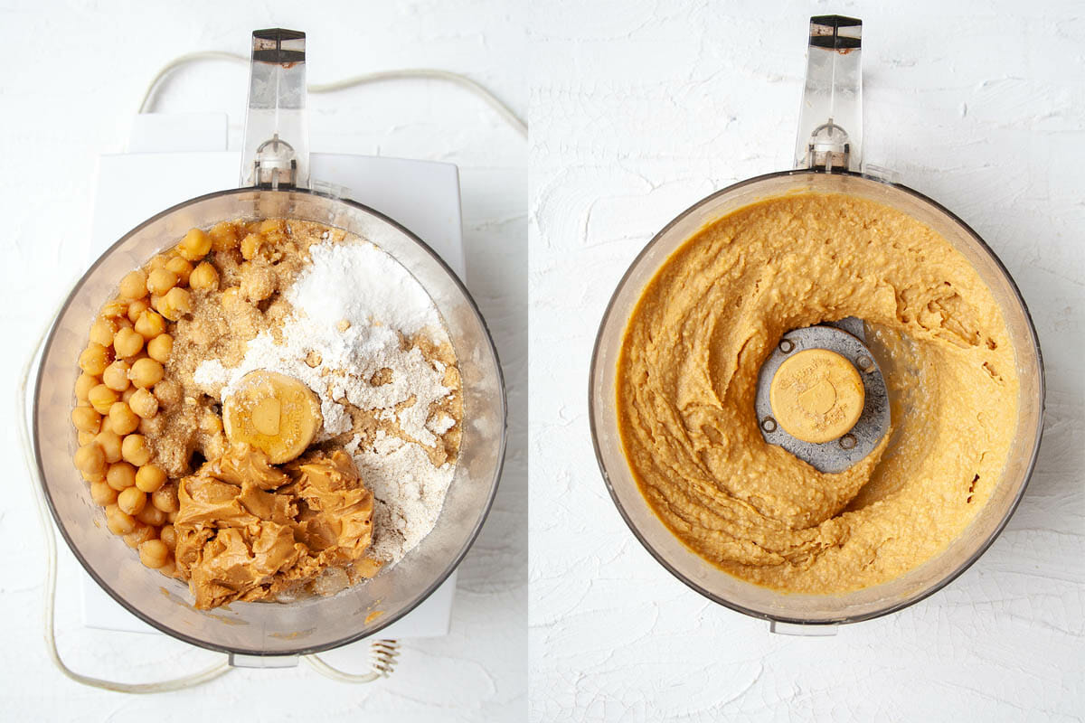 Chickpeas, oat flour, peanut butter, maple syrup, vanilla extract, baking powder, and salt in a food processor before and after mixing.