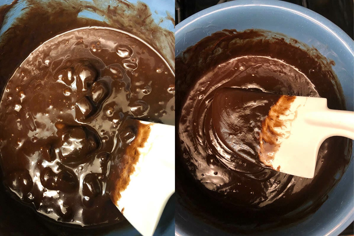 Chocolate mixture melting on left and fully melted on right.