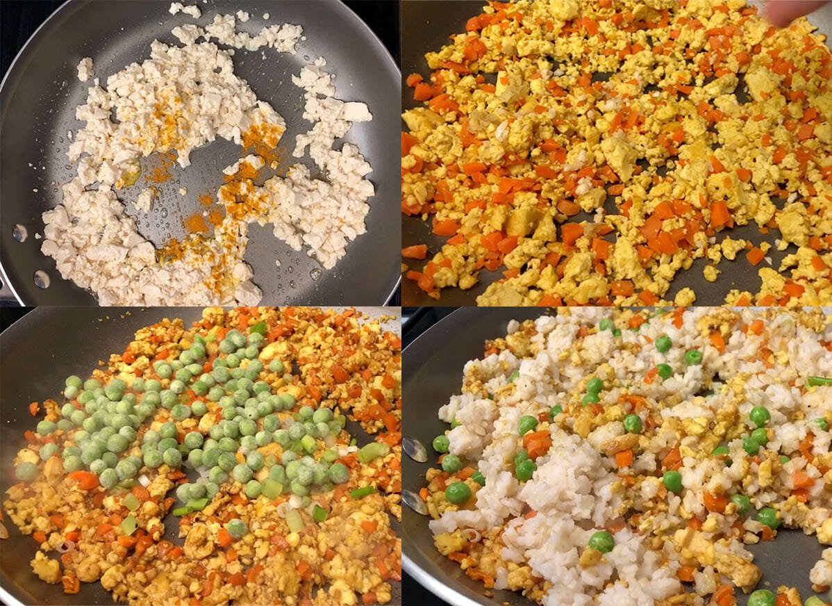 Stages of Vegan Fried Rice: first tofu with turmeric, then with carrots, then with peas and green onions, then with rice.