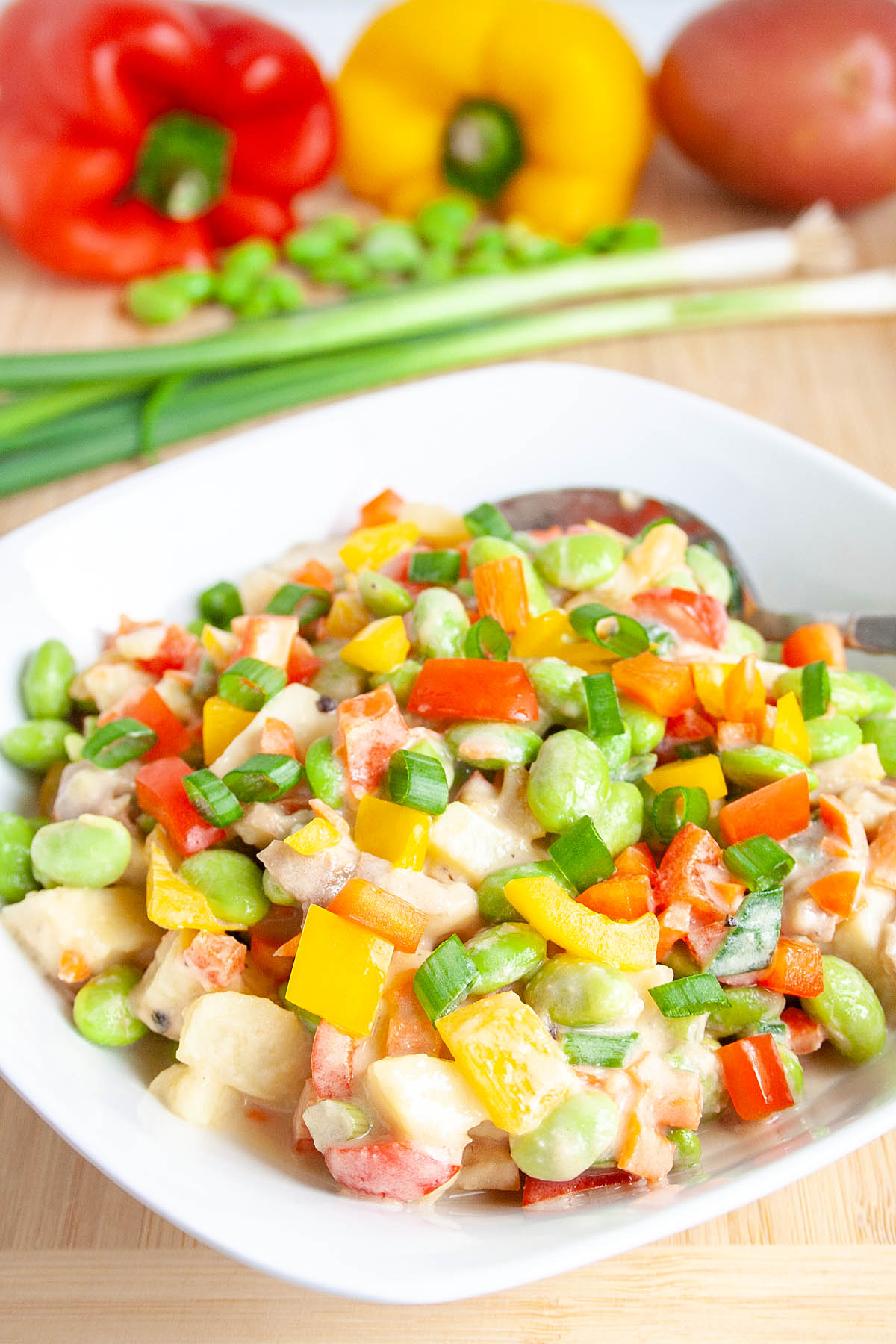 Edamame Potato Salad in bowl close up.