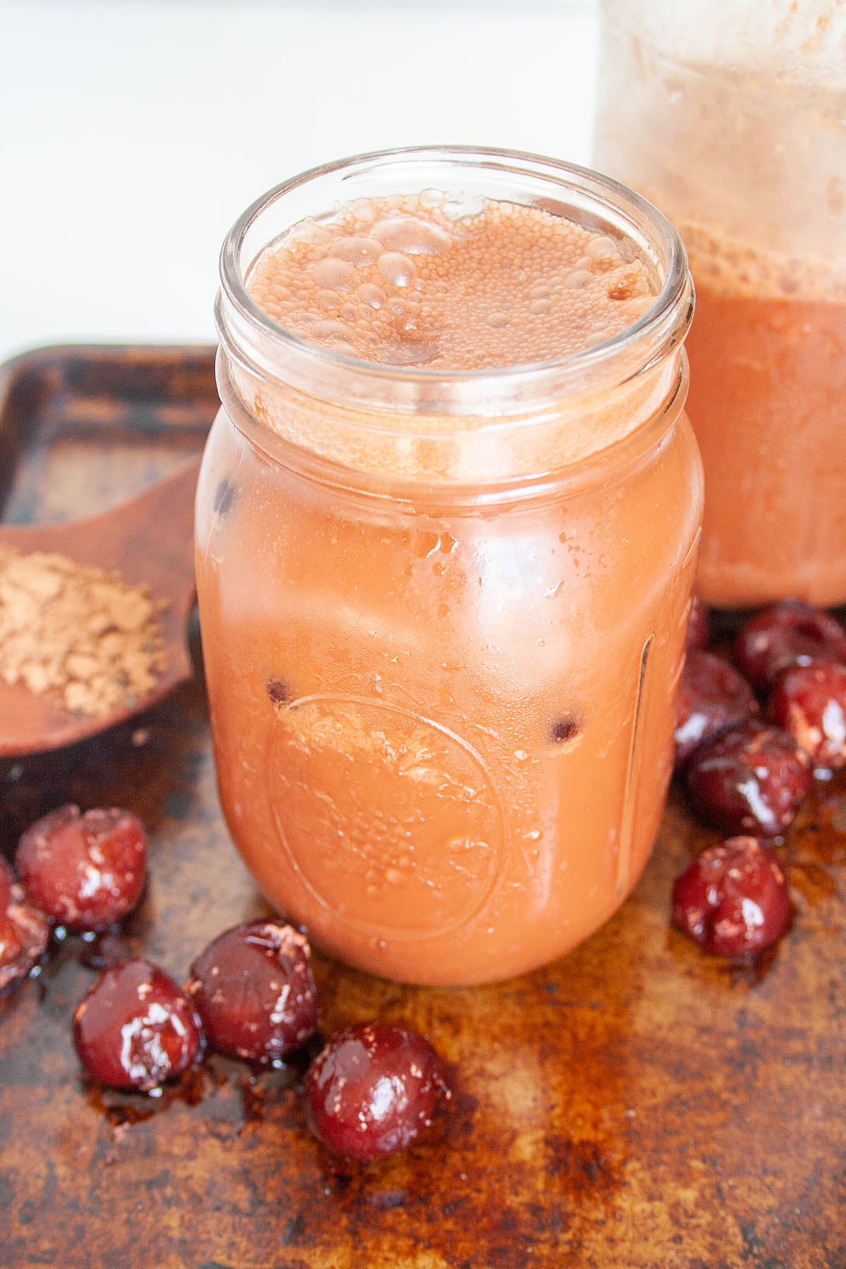 Chocolate Cherry Kombucha in mason jar.