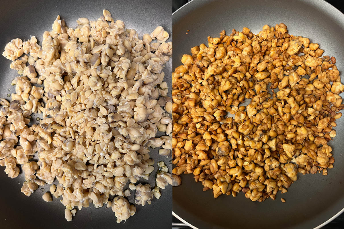 Tempeh in pan before and after being cooked.