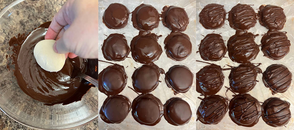 Peppermint filling dipped in chocolate and on baking sheet.