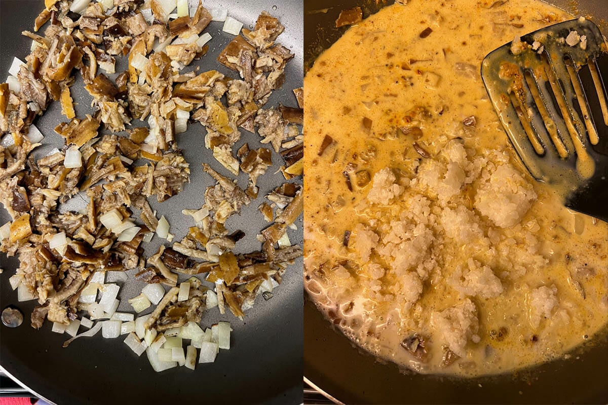 Banana peels and onions in pan and with coconut milk, spices and cauliflower rice.