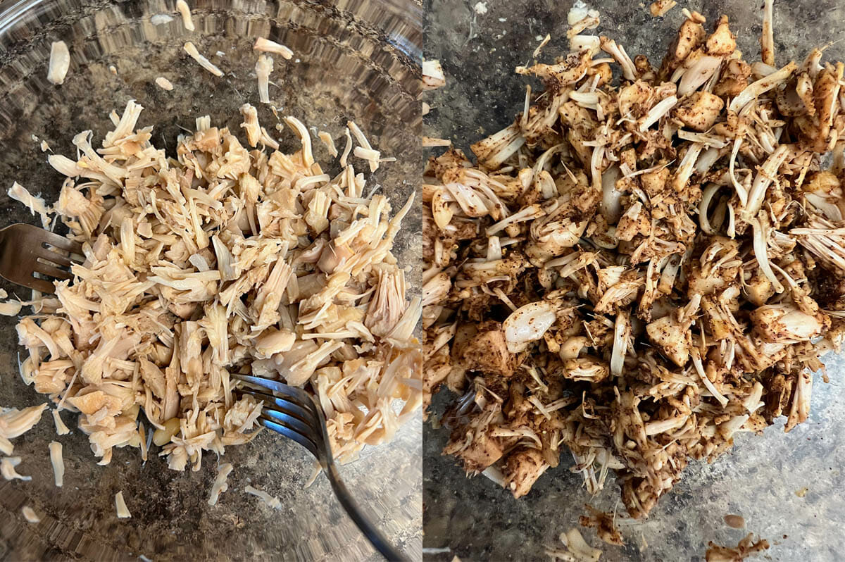 Jackfruit in a bowl after being pulled apart and with BBQ seasoning.