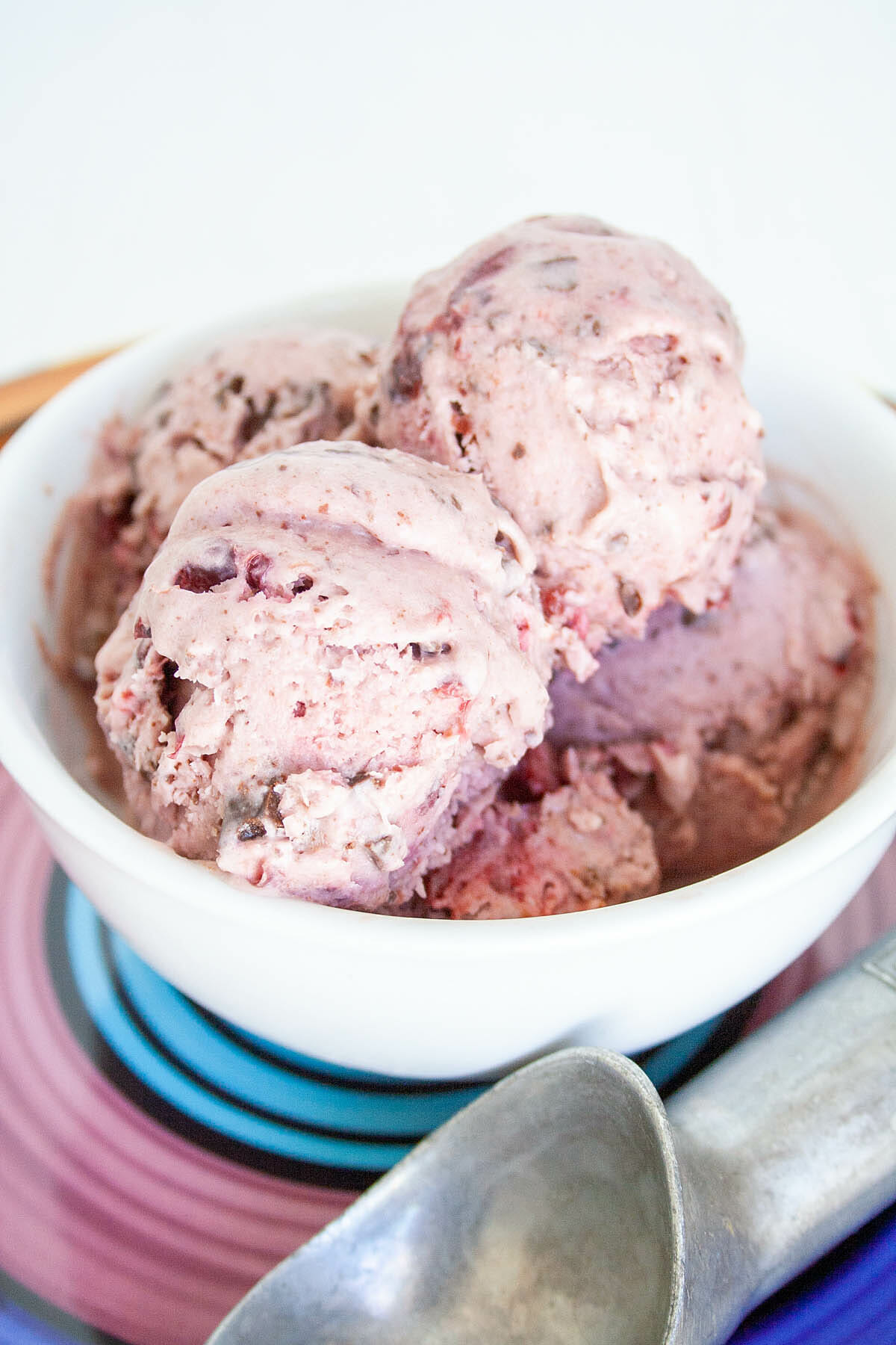 Cherry Chocolate Chip Ice Cream in a bowl close up.