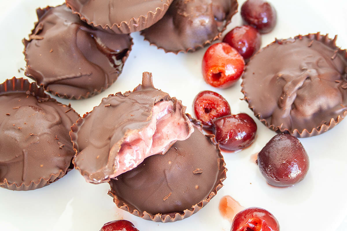 Cherry Filled Chocolates on parchment paper.
