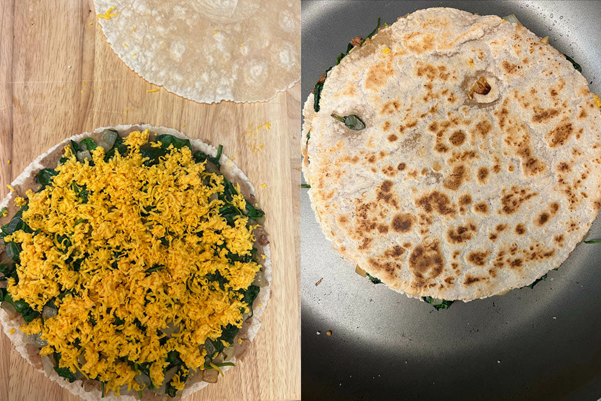 Vegan cheddar on top of beans, spinach, and onions left photo, and in pan right photo.