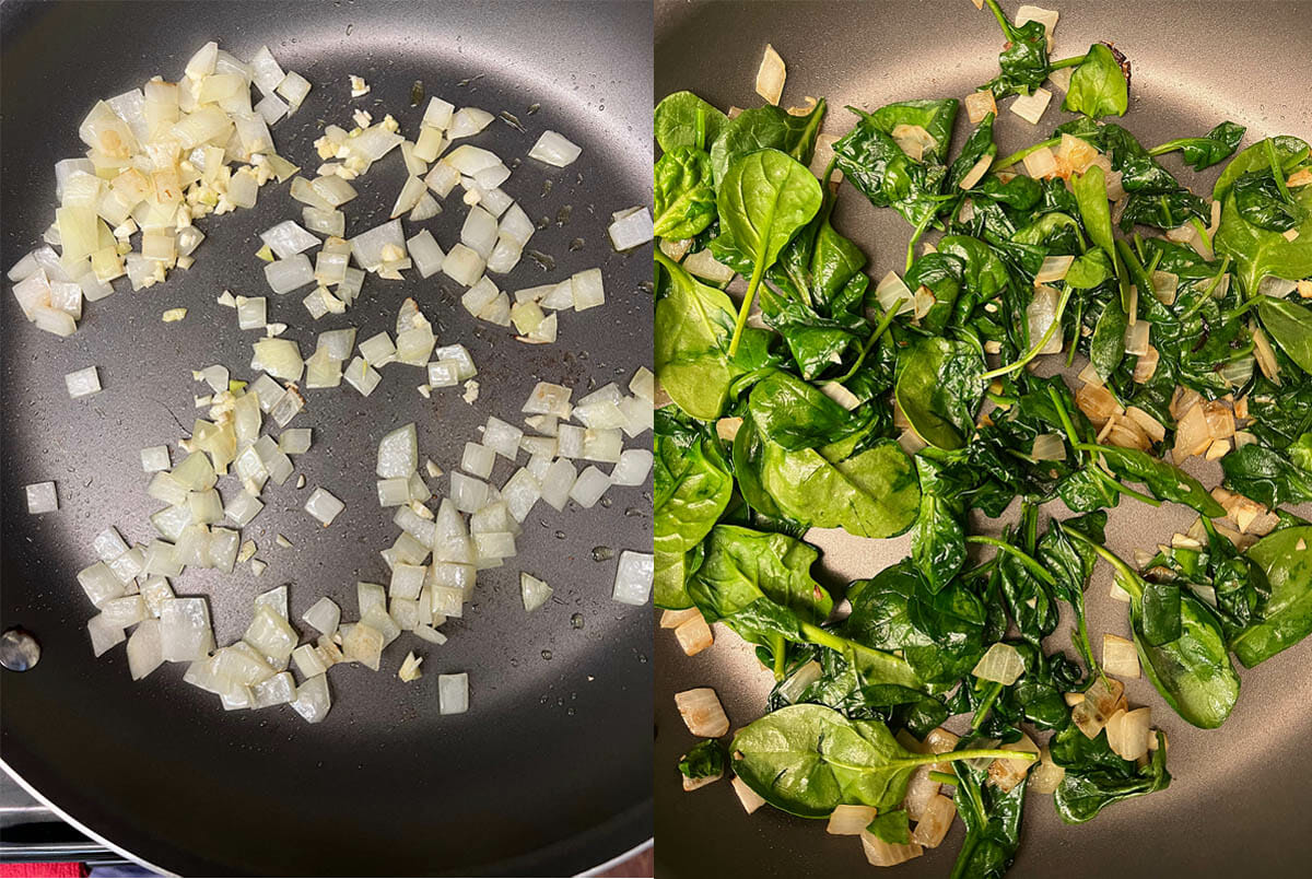 Onions in pan left photo and spinach added to pan right photo.