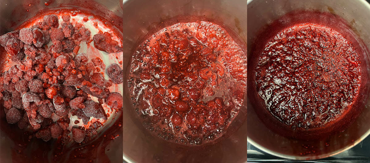 Raspberries, agave syrup, and water in a saucepan at different stages of cooking.