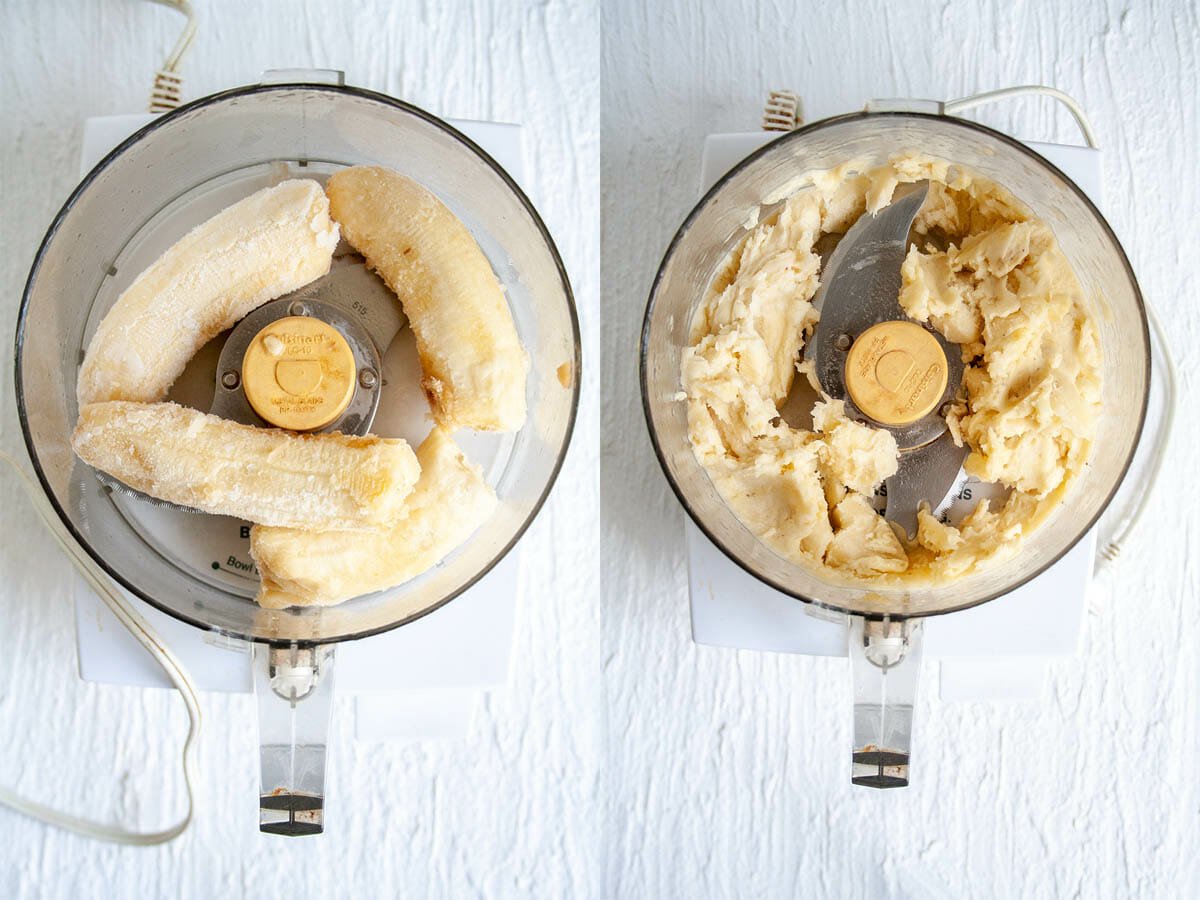 Frozen bananas in a food processor before and after mixing.