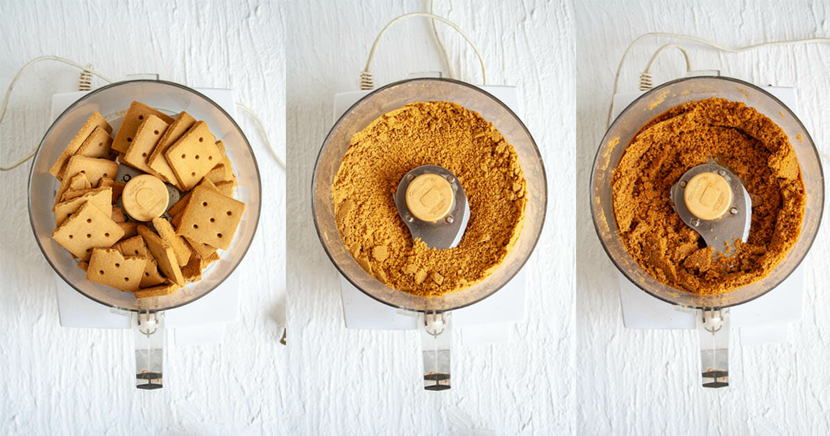 Graham crackers in a food processor, then ground into crumbs, then with vegan butter and brown sugar mixed in.