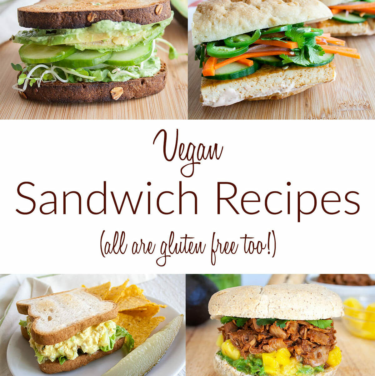 "Vegan Sandwich Recipes" written on collage photo with 6 sandwiches.