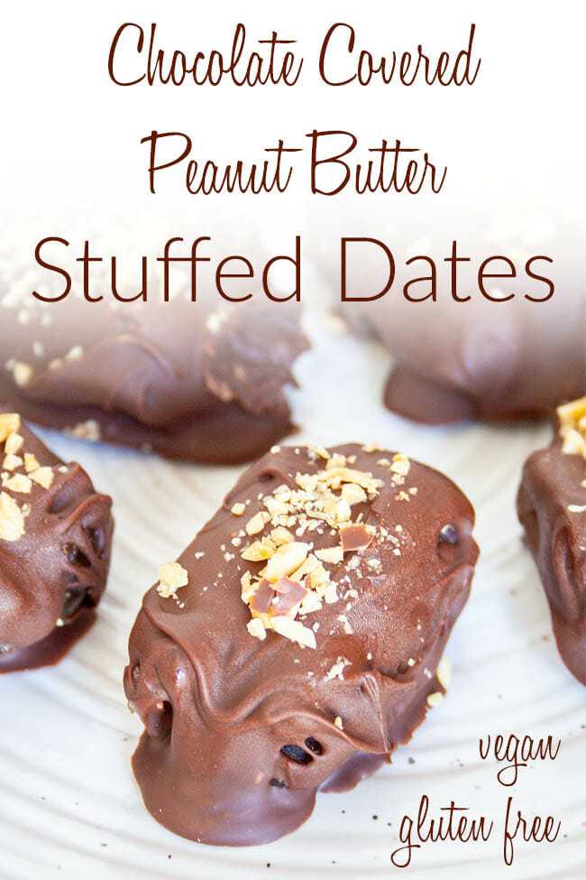 Chocolate Covered Peanut Butter Stuffed Dates photo with text.