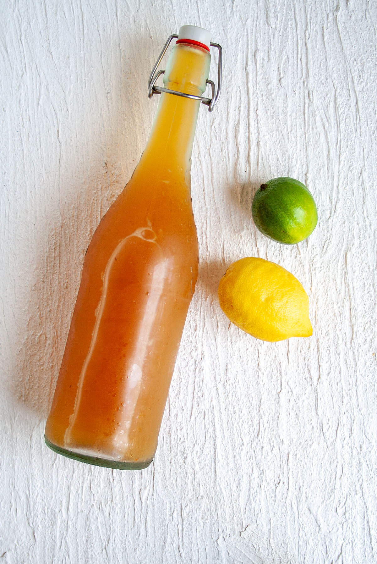 Lemon Lime Kombucha in bottle with a lemon and a lime.