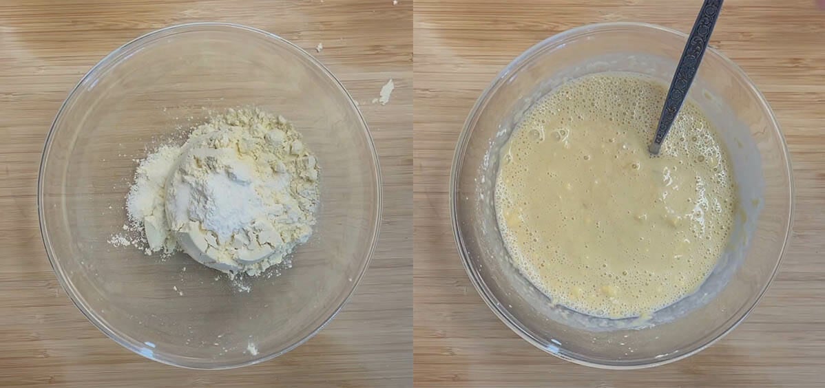 Dry ingredients for Banana Pancakes in bowl left side, wet ingredients added right side.