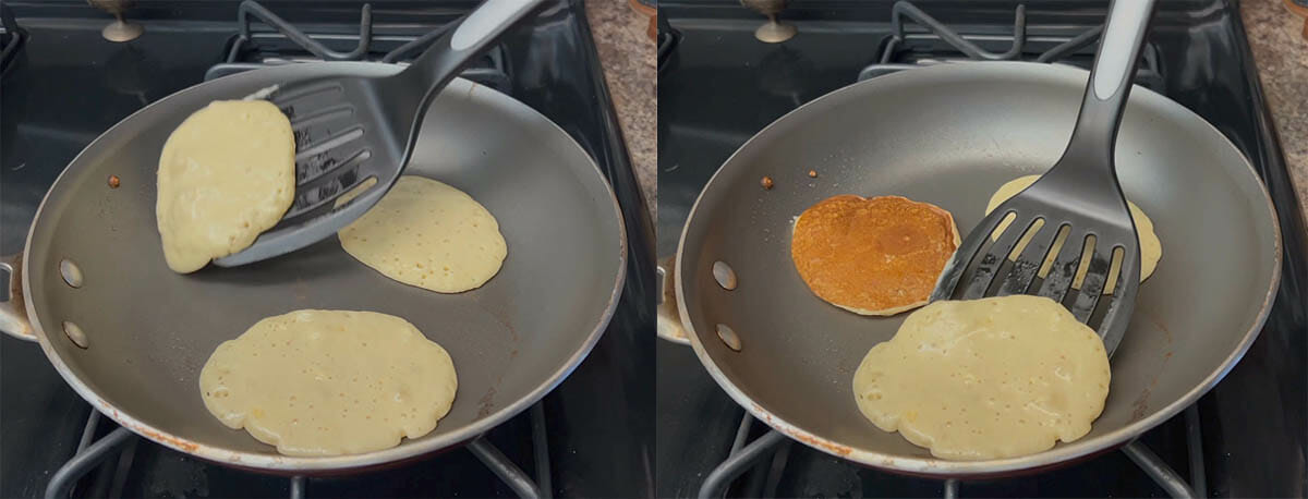 Vegan Banana Pancakes in pan being flipped.