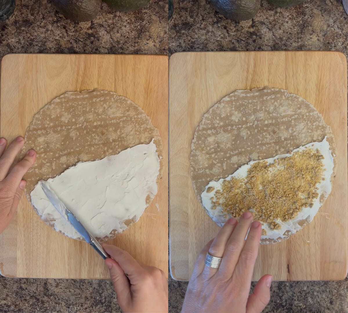 Tortilla with vegan cream cheese, then graham crackers crumbs.