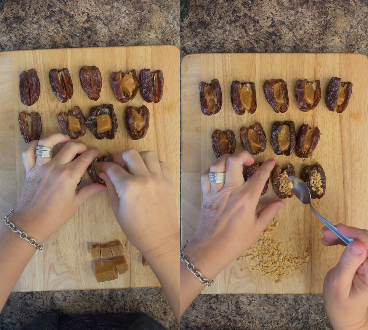 Dates being stuffed with peanut butter mixture and peanuts.