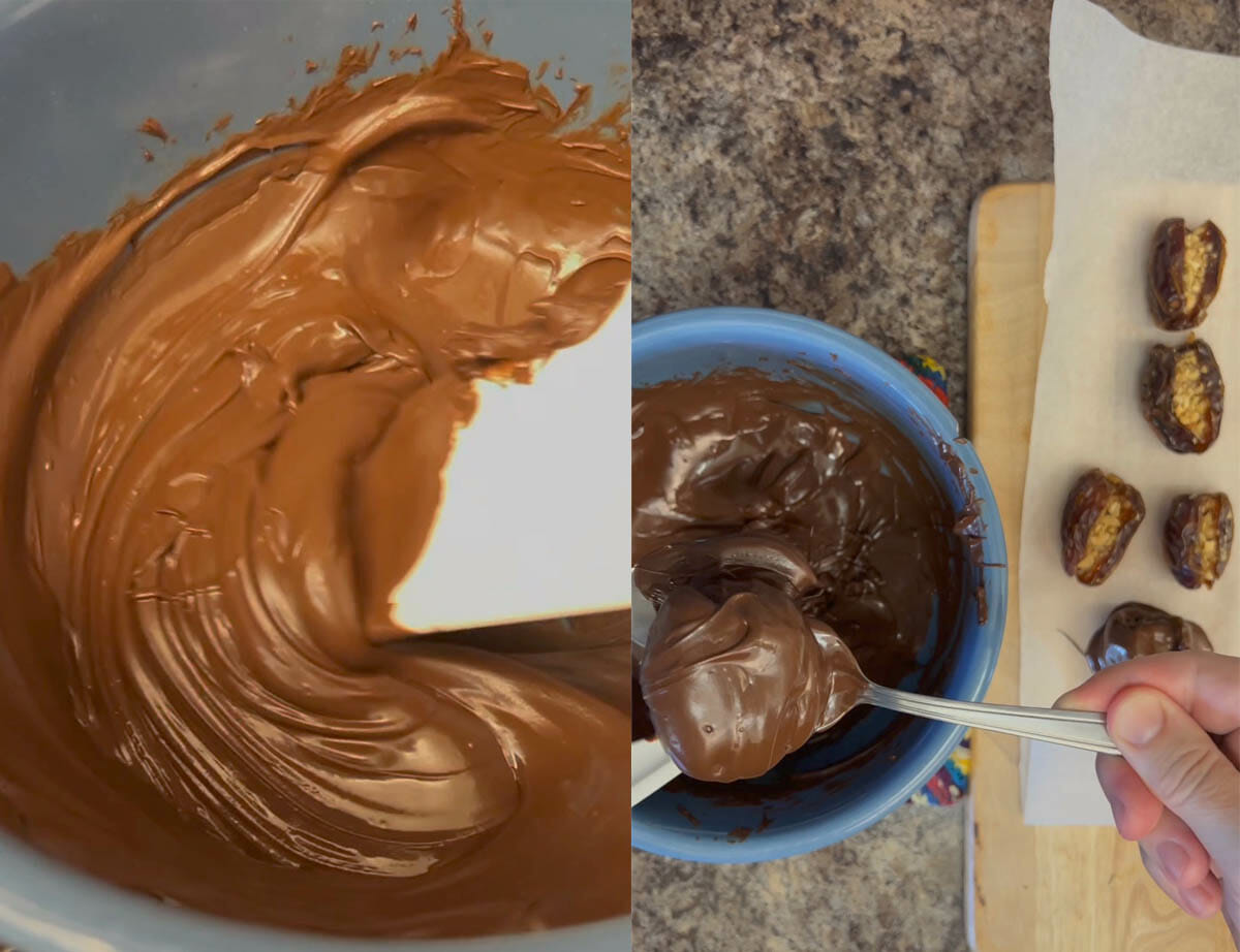 Melted chocolate in a bowl and stuffed dates being coated in chocolate.