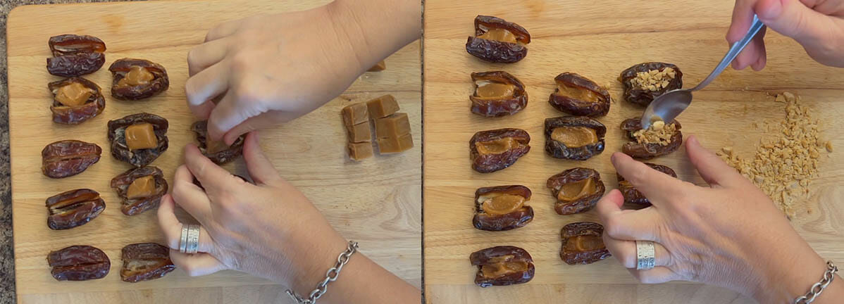 Dates being stuffed with peanut butter mixture and peanuts.