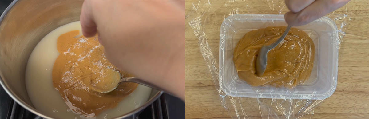 Sweetened condensed coconut milk, peanut butter, and salt in a pan. Right side shows mixture in a container.