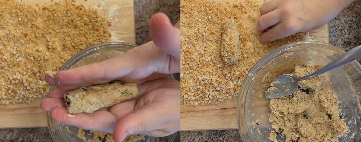 Vegan Fish Sticks being formed and coated in bread crumbs.