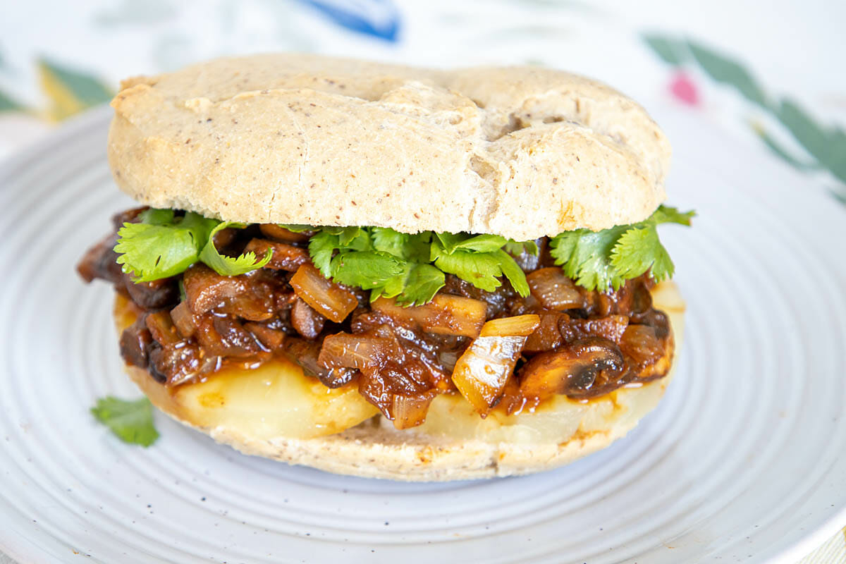 BBQ Mushroom Sandwich on a plate close up.