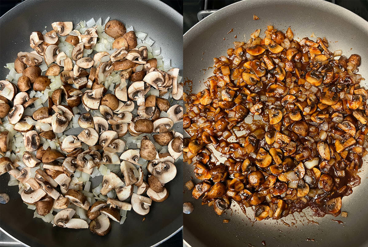 Mushrooms in pan before and after cooking.