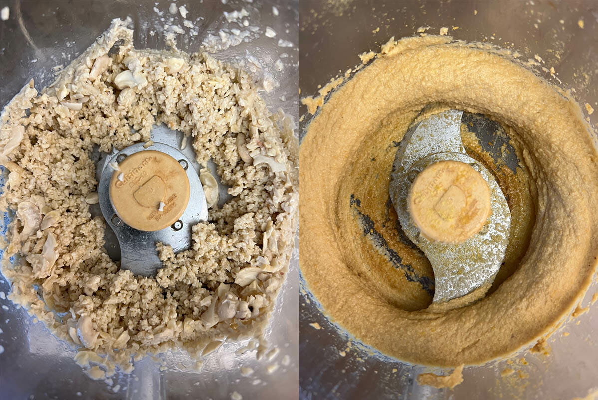 Cashews in food processor before and after mixing. then in a ball in plastic wrap and rolled in walnuts and chives.