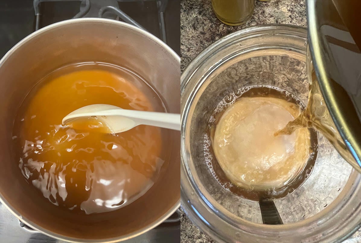 Sugar dissolved in water. Tea mixture being added to gallon sized jar with kombucha scoby.