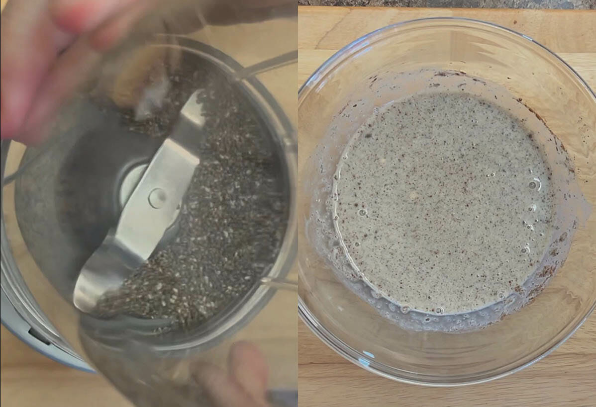Chia seeds in a blender with milling blade, batter in a bowl.