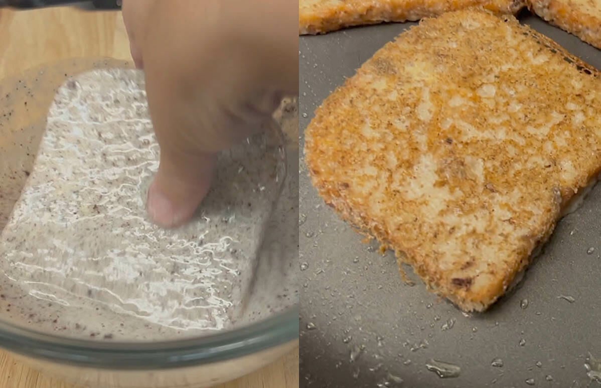 Bread being dunked in bowl with batter. French toast after being fried.