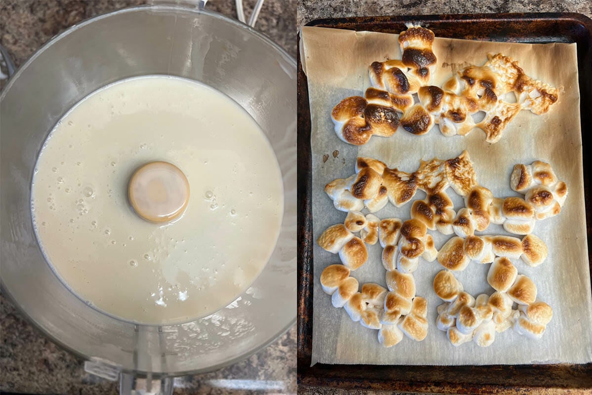 Ice cream in food processor and toasted vegan marshmallows on a sheet pan.