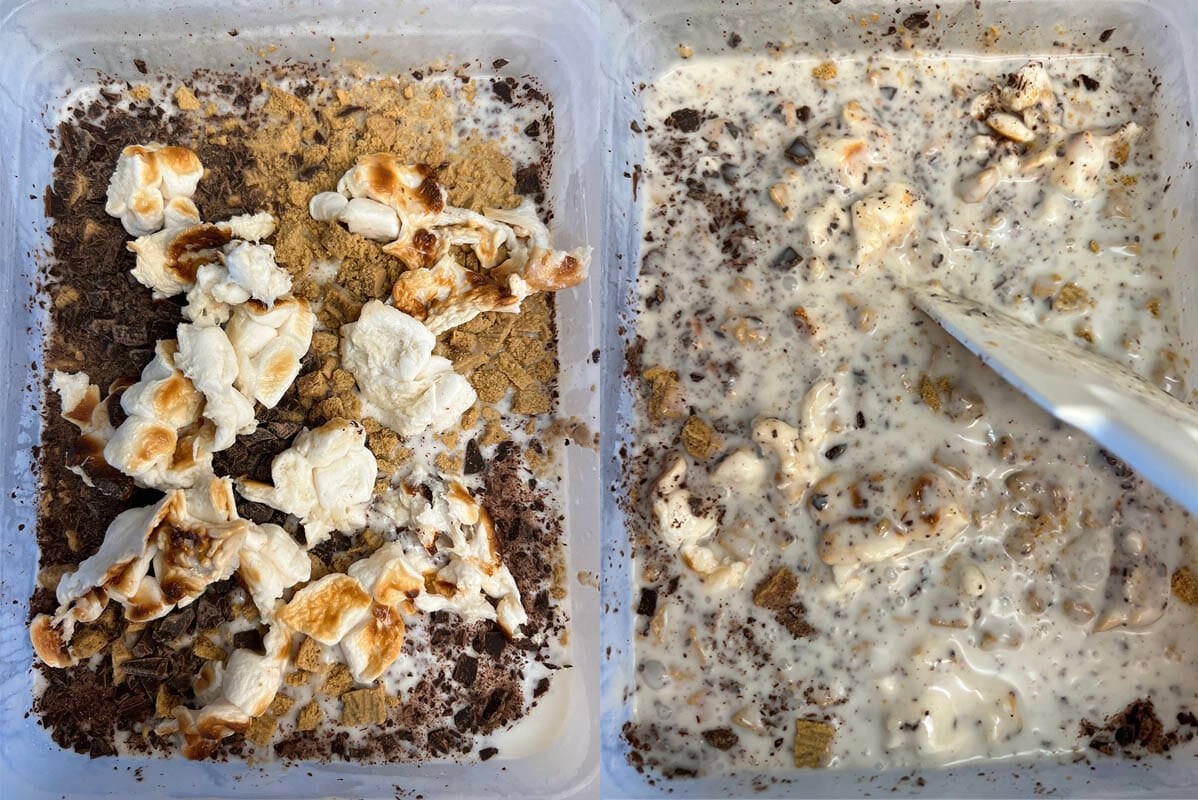 Vegan S'mores Ice Cream before and after mixing.