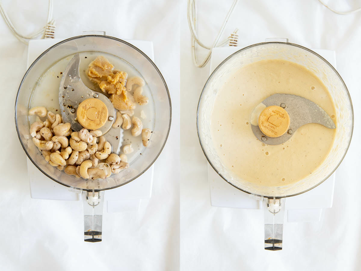 Ingredients in a food processor before and after mixing.