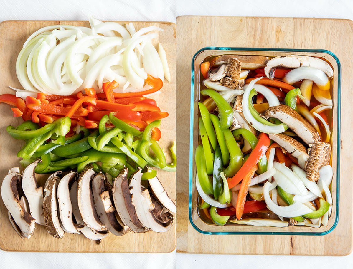 Sliced onions, bell peppers, and portobello mushrooms on a cutting board and in marinade.