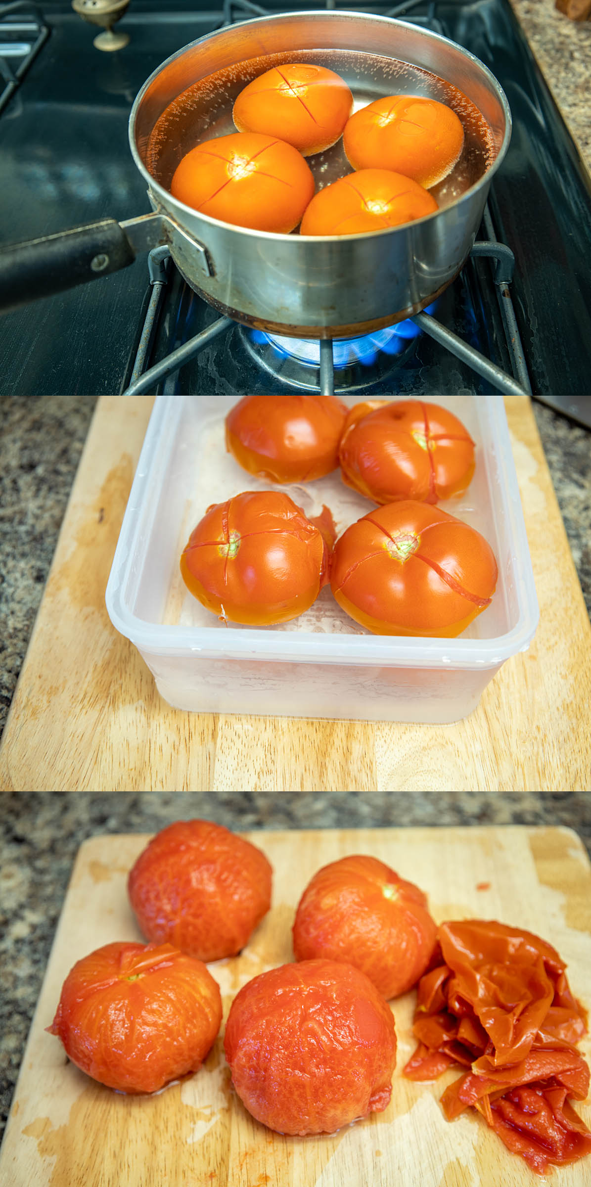 Tomatoes in a pot, then in an ice bath, and then peeled.