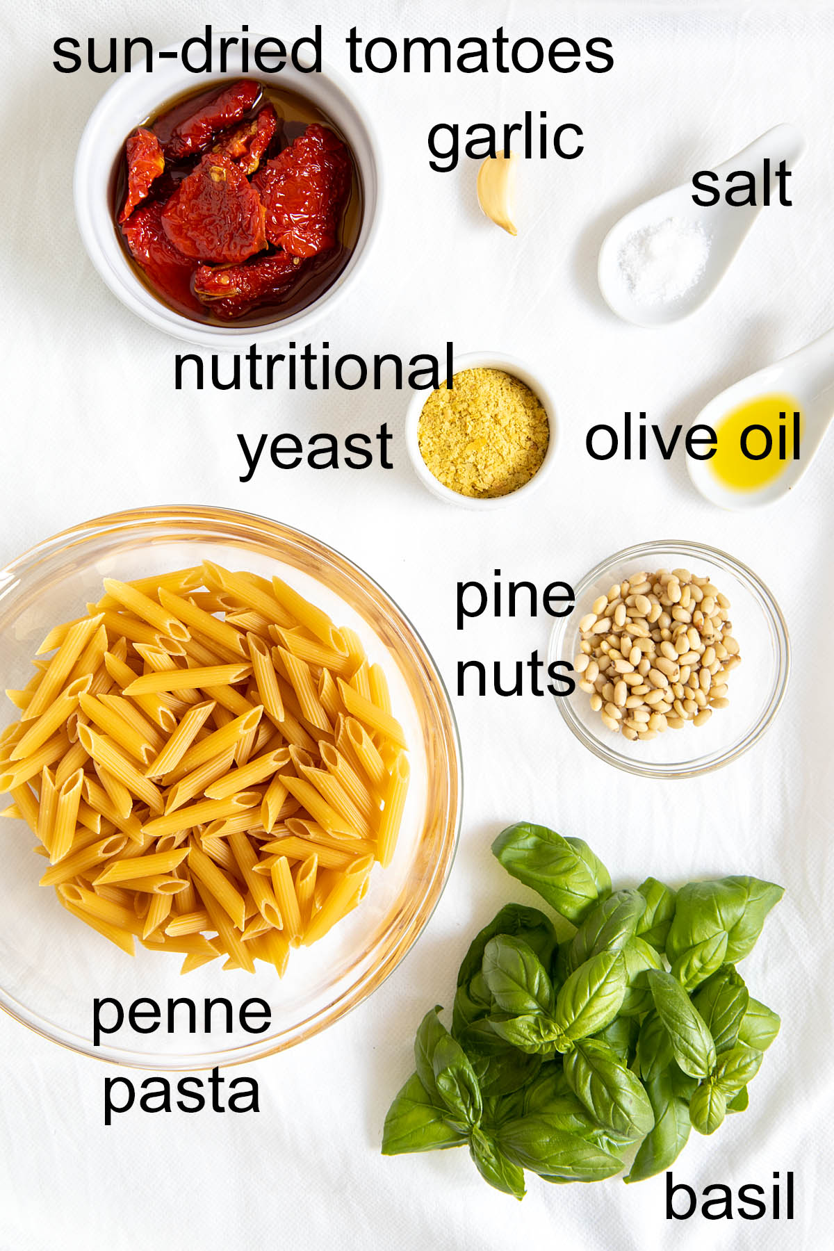 Sun-dried tomatoes, garlic, salt, nutritional yeast, olive oil, pine nuts, penne pasta, and basil with labels.
