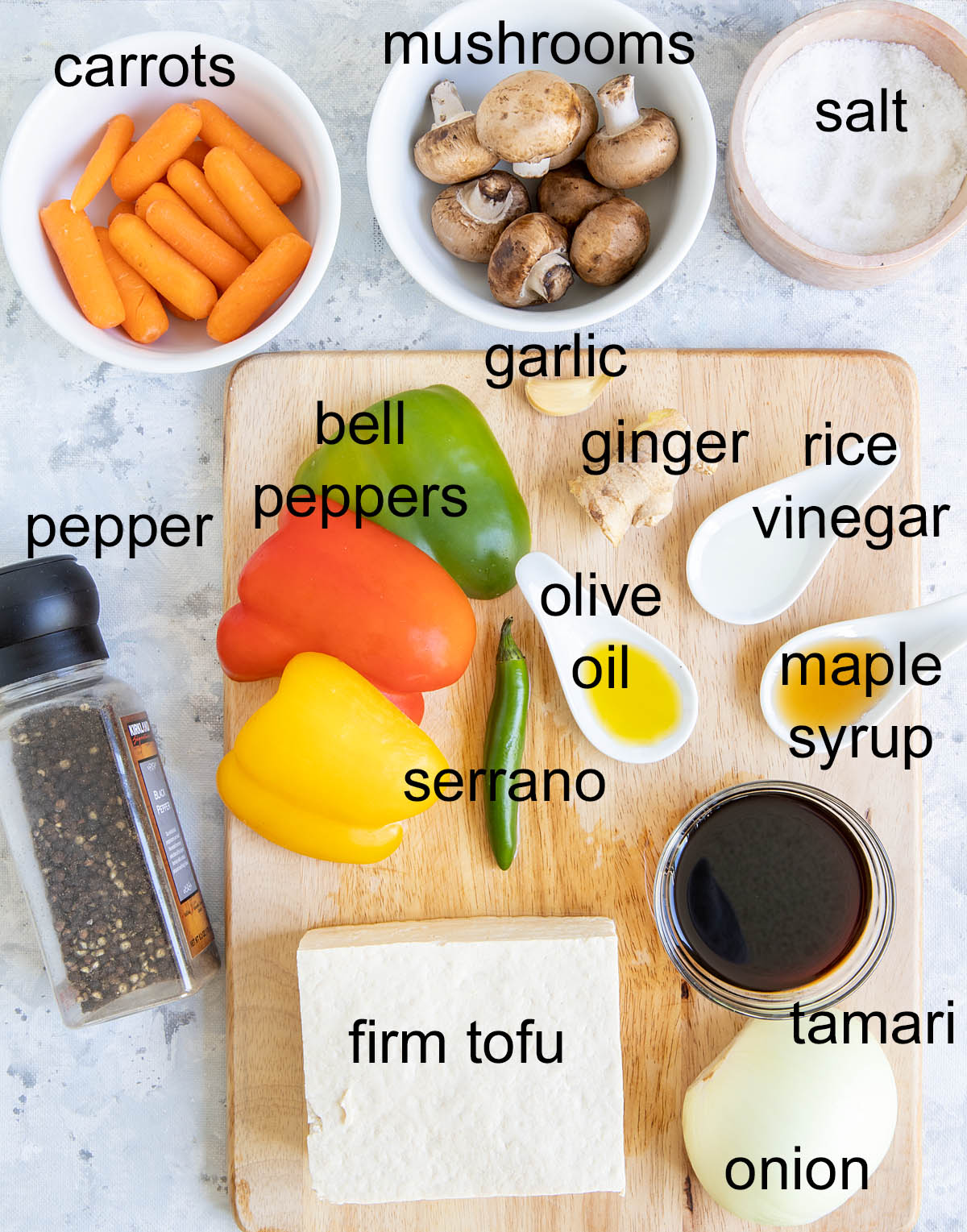 Ingredients for stir fry with labels.