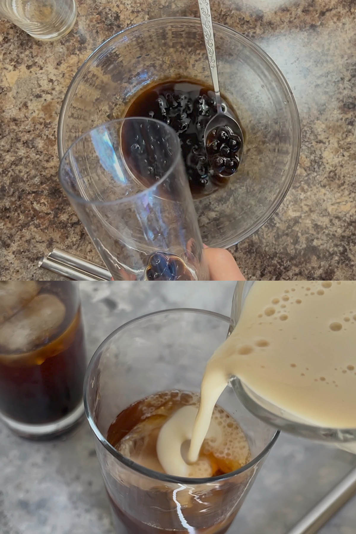 Boba being scooped in a glass. Soy milk being poured in glass with black tea and boba.