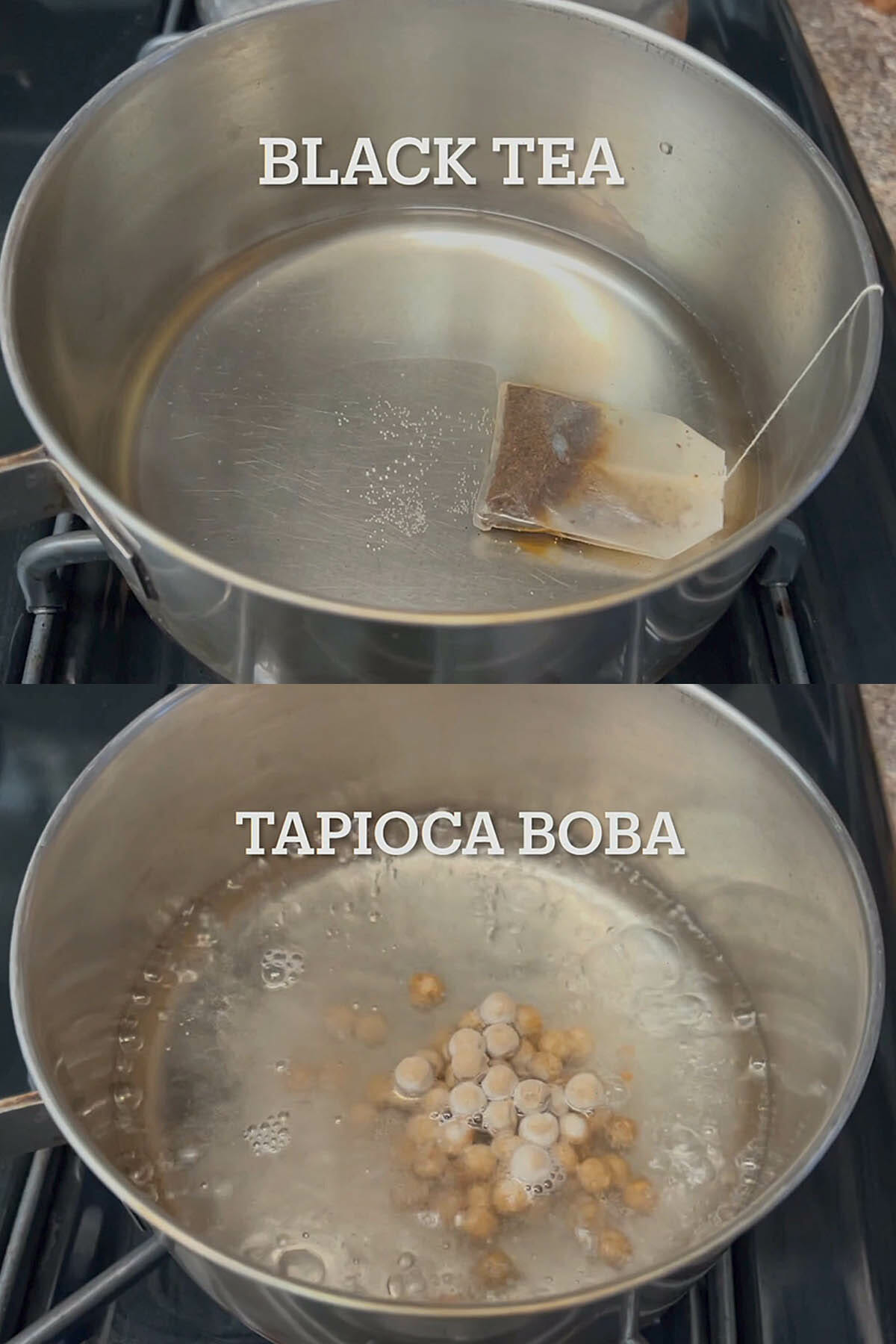 Black Tea in saucepan with water. Tapioca boba in a saucepan with water.