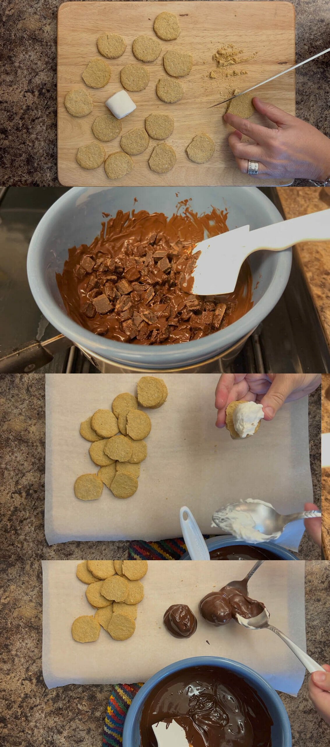 Stages of the marshmallow cookies being made.