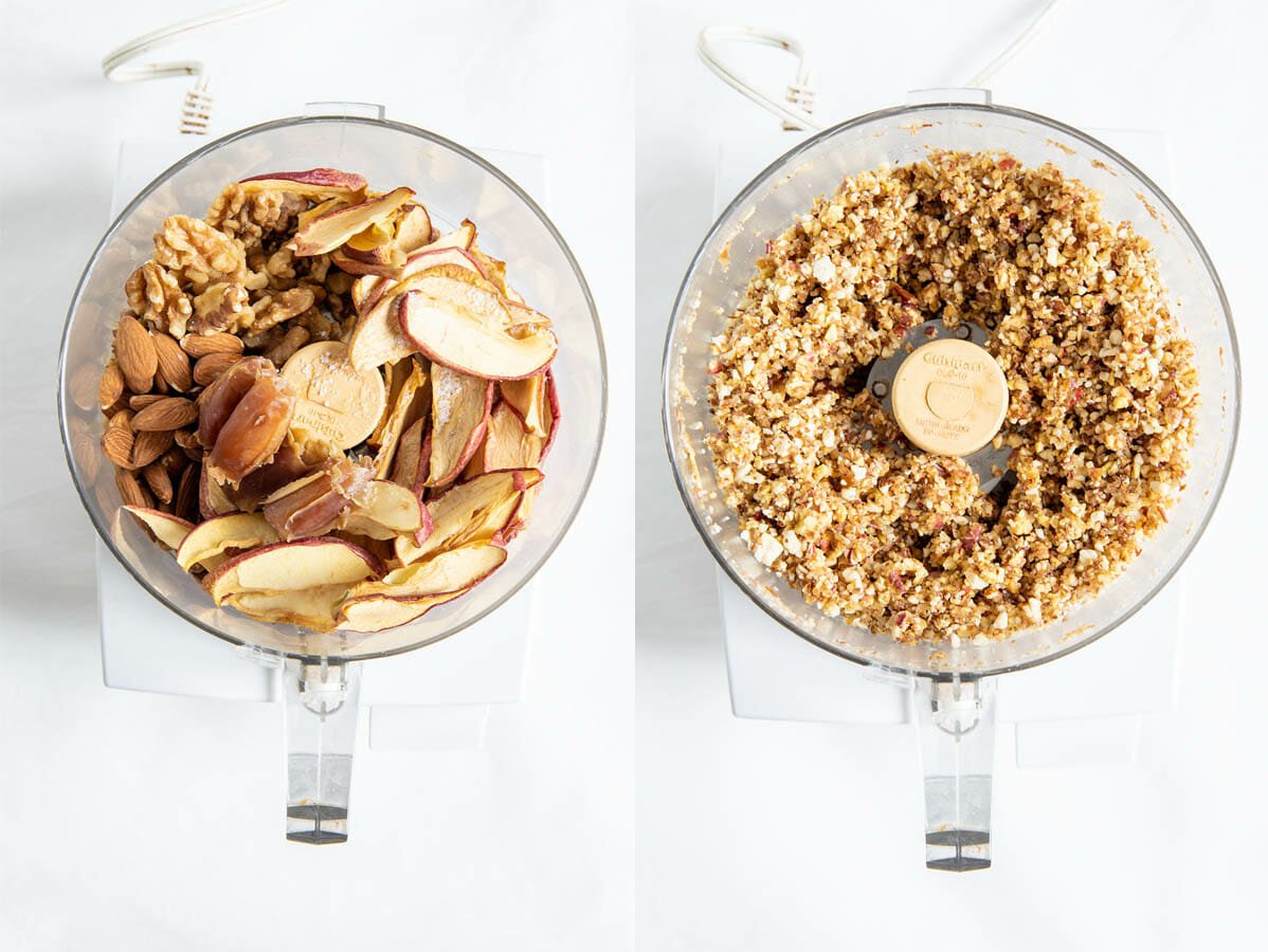Ingredients in a food processor before and after mixing.
