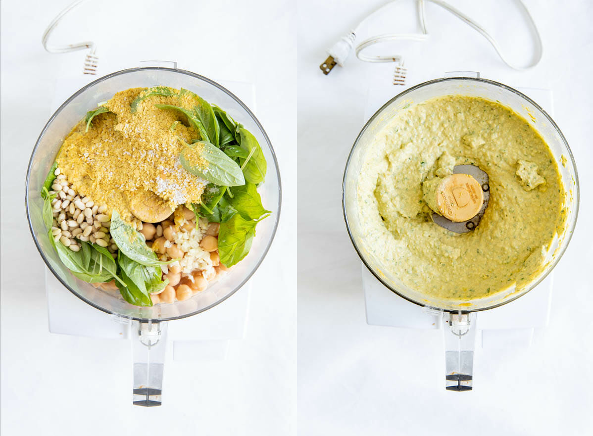 Ingredients for Basil Pesto Hummus in a food processor before and after mixing.